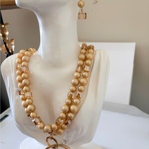 Gold Beaded Double-Strand Necklace set with Hoop Pendant